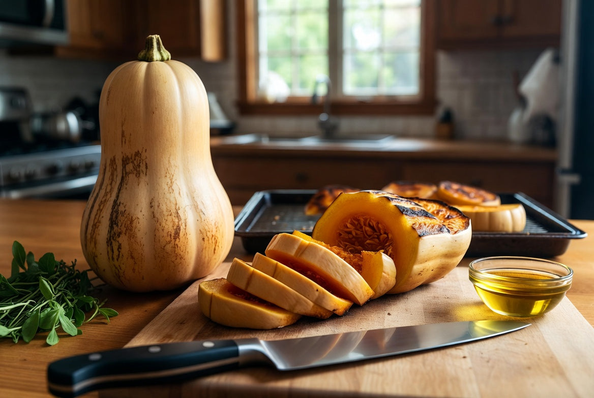 Butternut squash sliced with herbs and oil in a cozy kitchen