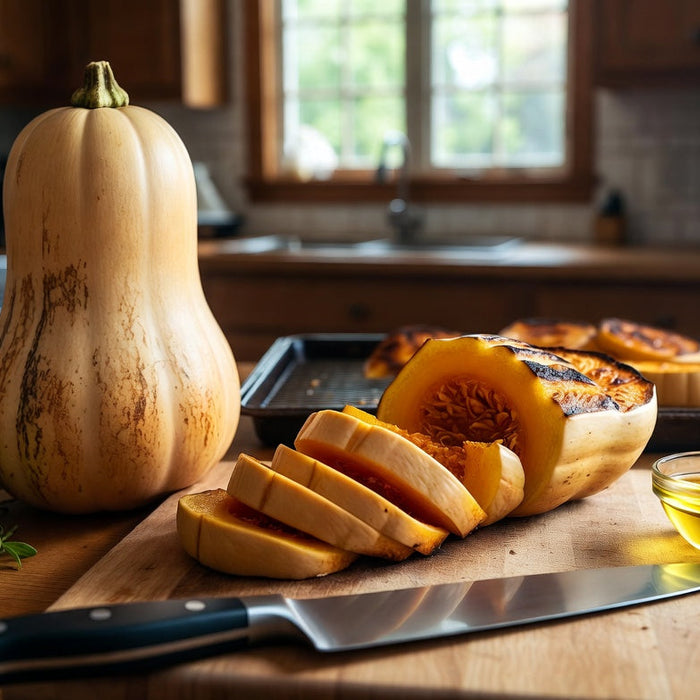 Butternut squash sliced with herbs and oil in a cozy kitchen