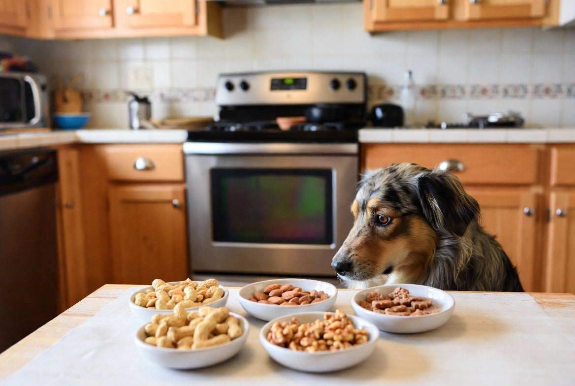 Dog looking at bowls of peanuts, almonds, walnuts, and treats
