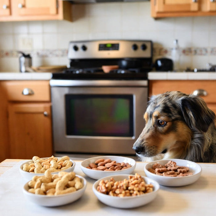 Dog looking at bowls of peanuts, almonds, walnuts, and treats