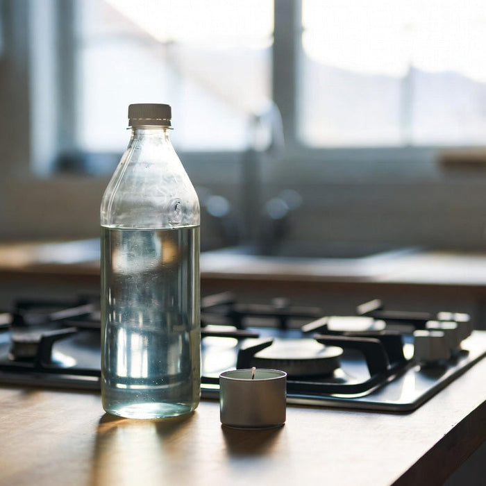Bottle of vinegar beside candle on kitchen counter near gas stove