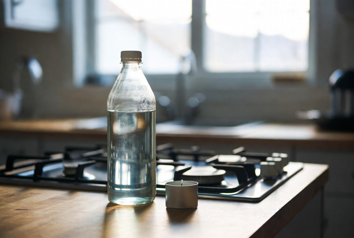 Bottle of vinegar beside candle on kitchen counter near gas stove