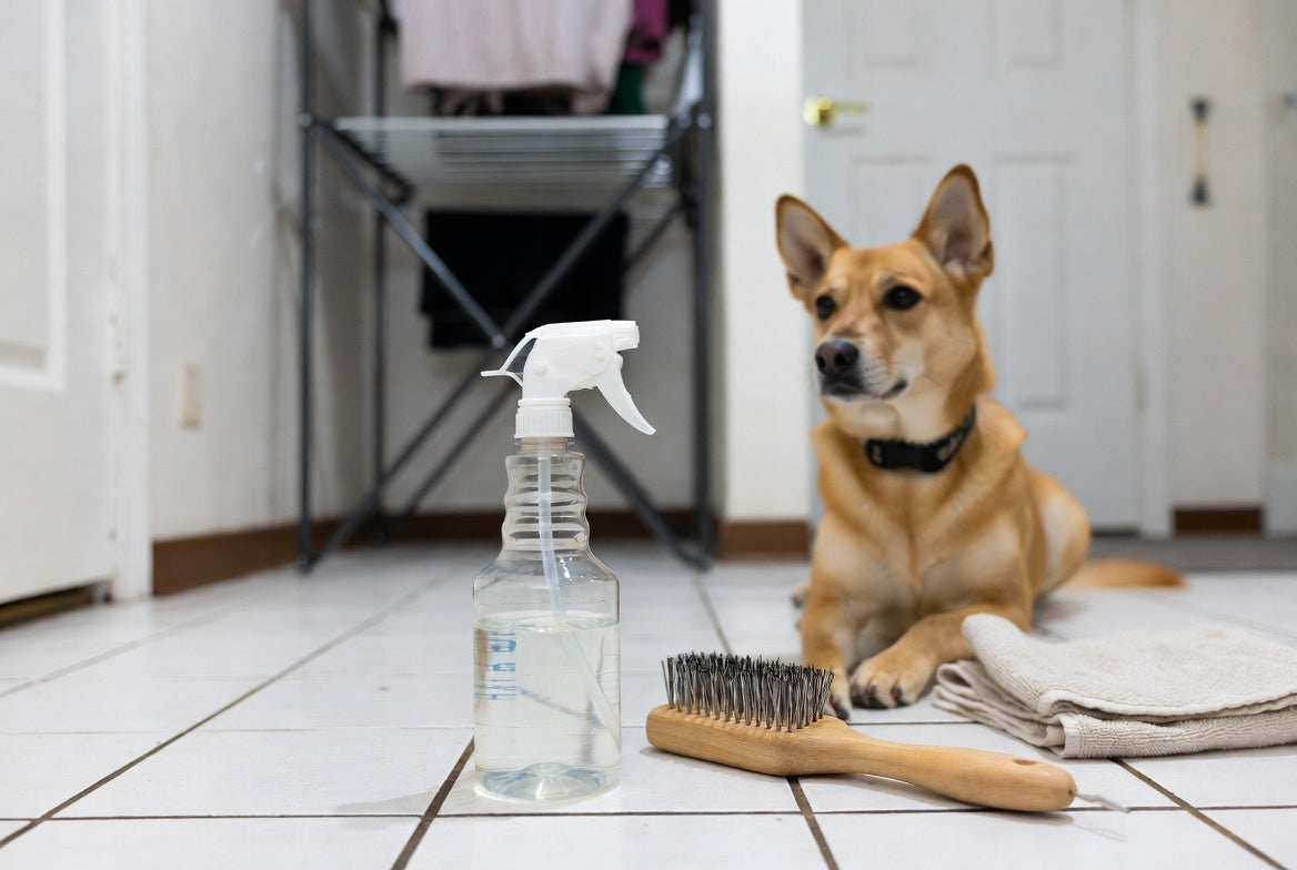 Spray bottle of vinegar with dog brush and towel on laundry floor