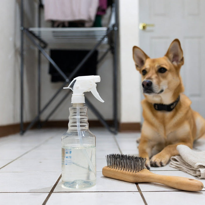 Spray bottle of vinegar with dog brush and towel on laundry floor