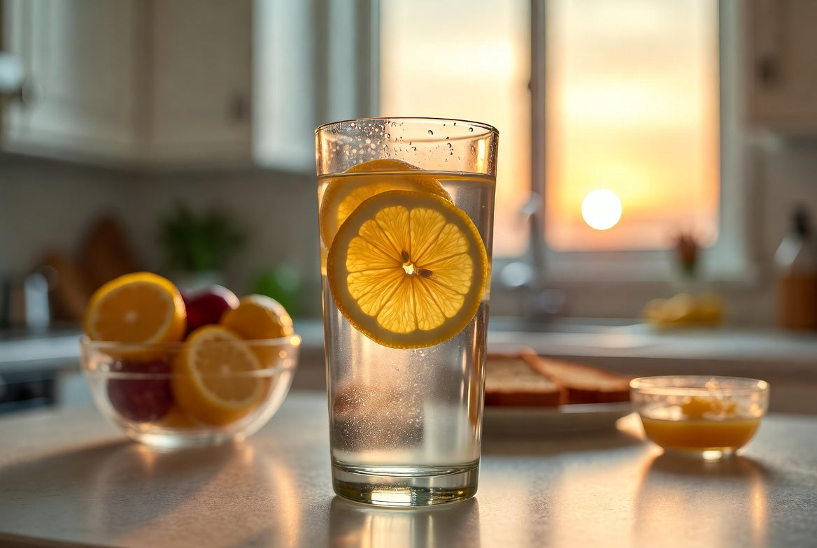 Glass of lemon water with fresh lemon slices at sunrise kitchen