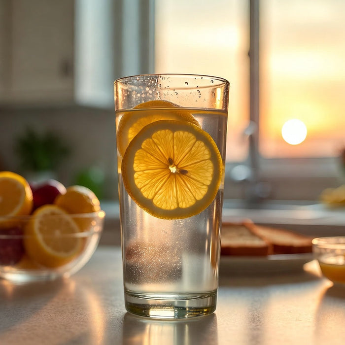 Glass of lemon water with fresh lemon slices at sunrise kitchen