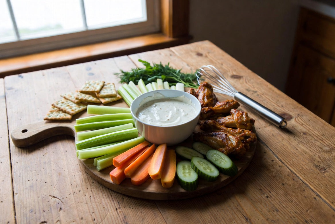 Ranch dip with fresh vegetables and chicken wings on serving platter