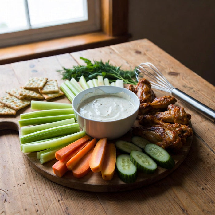 Ranch dip with fresh vegetables and chicken wings on serving platter