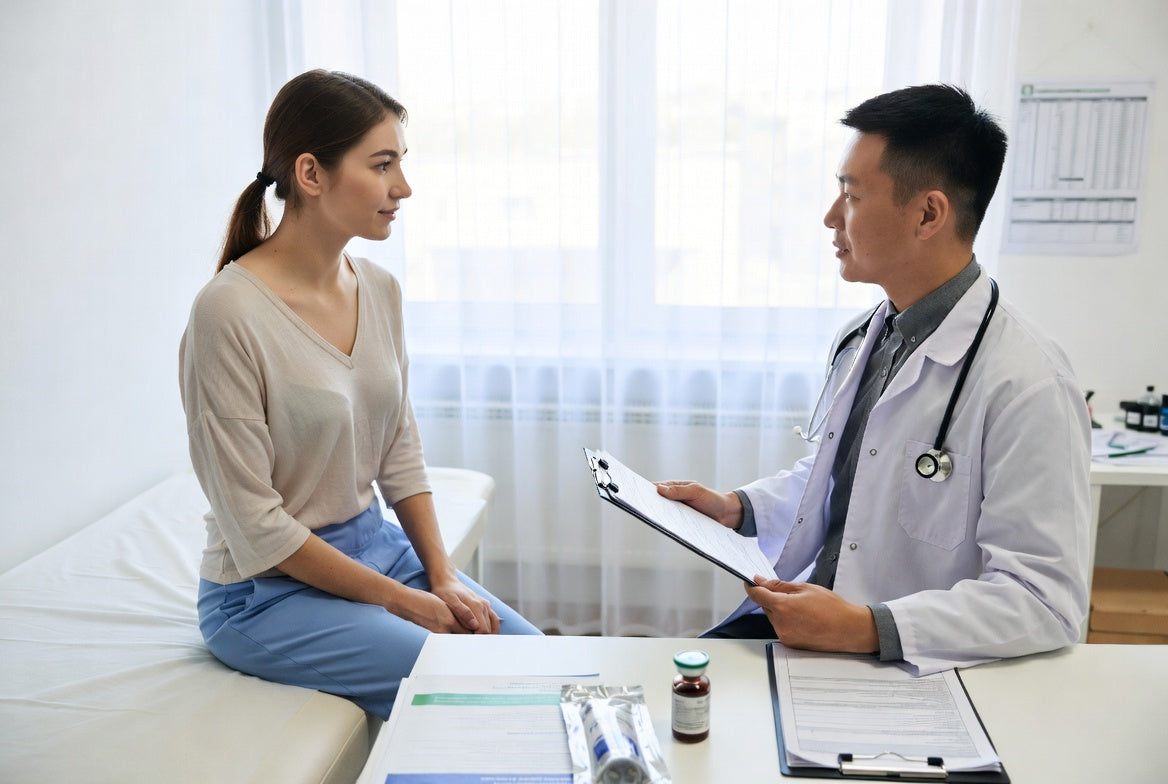 Woman consulting doctor about peptide therapy in a medical office visit