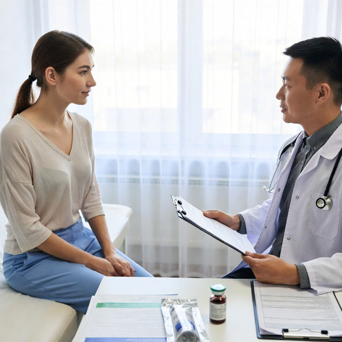 Woman consulting doctor about peptide therapy in a medical office visit