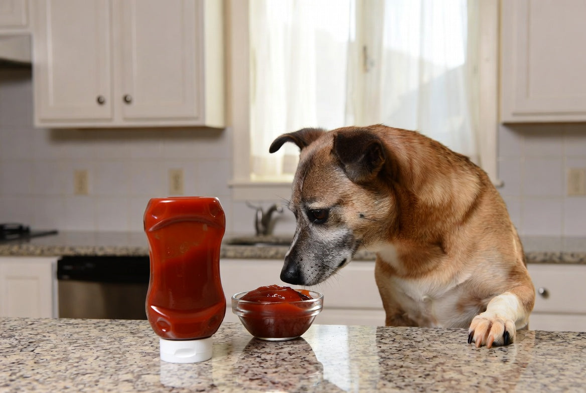 Dog sniffing ketchup beside a bottle on kitchen counter