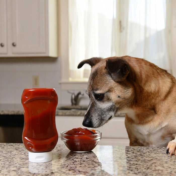 Dog sniffing ketchup beside a bottle on kitchen counter