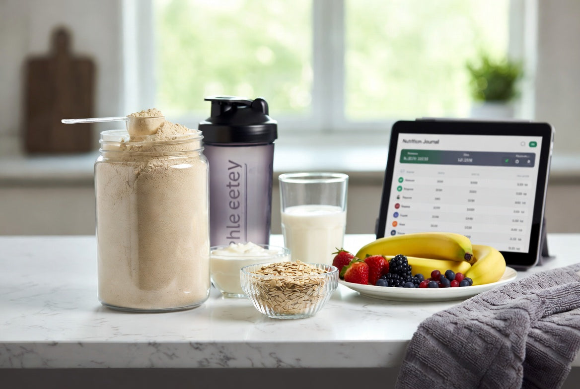 Whey protein powder with fruit, oats and shaker for fitness nutrition