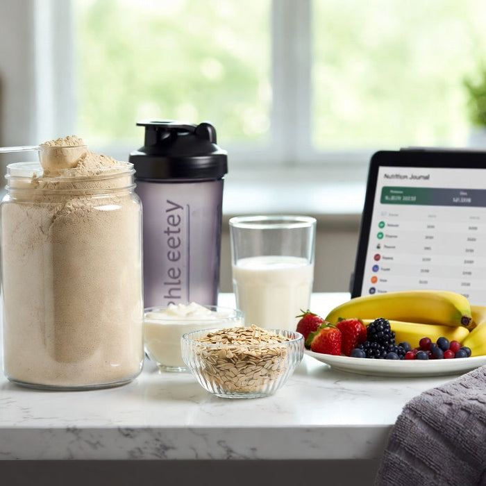 Whey protein powder with fruit, oats and shaker for fitness nutrition