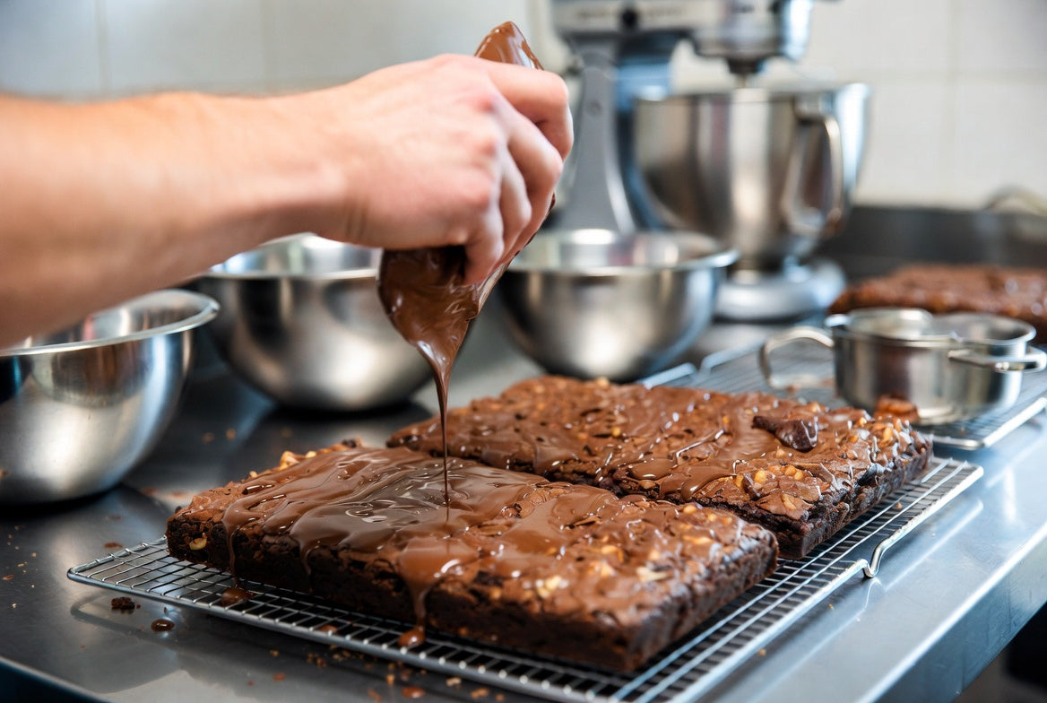 Dark Chocolate brownies drizzled with melted chocolate on cooling rack