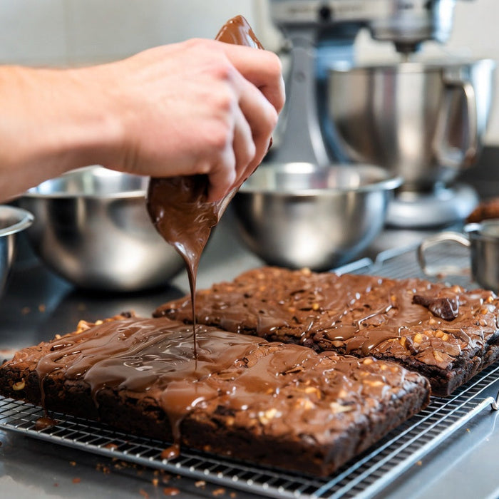 Dark Chocolate brownies drizzled with melted chocolate on cooling rack