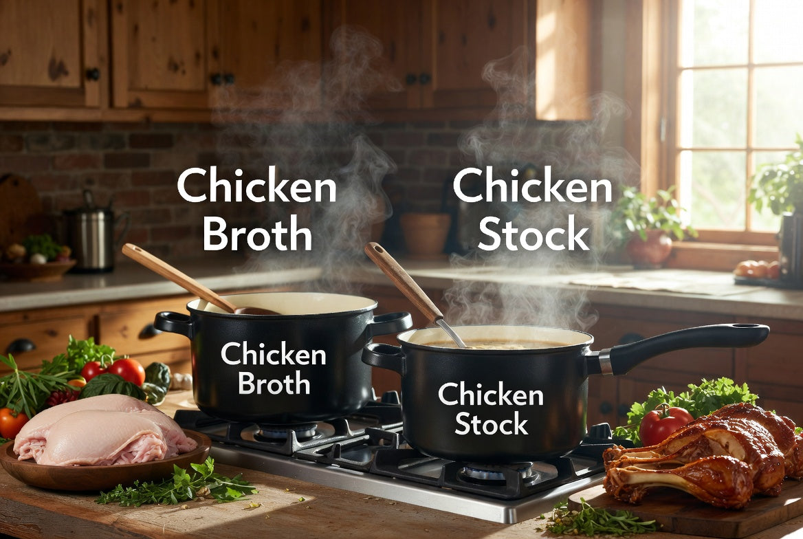 Simmering pots of chicken broth and chicken stock on stovetop