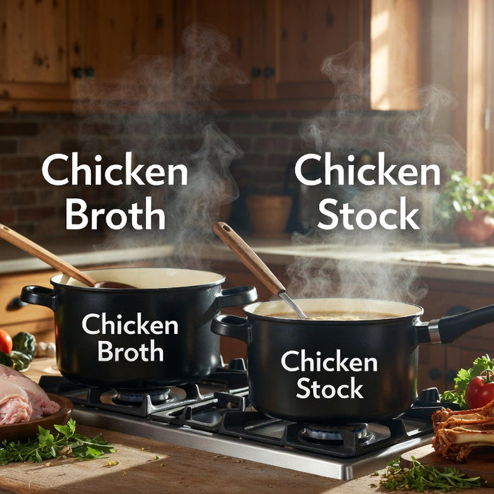 Simmering pots of chicken broth and chicken stock on stovetop
