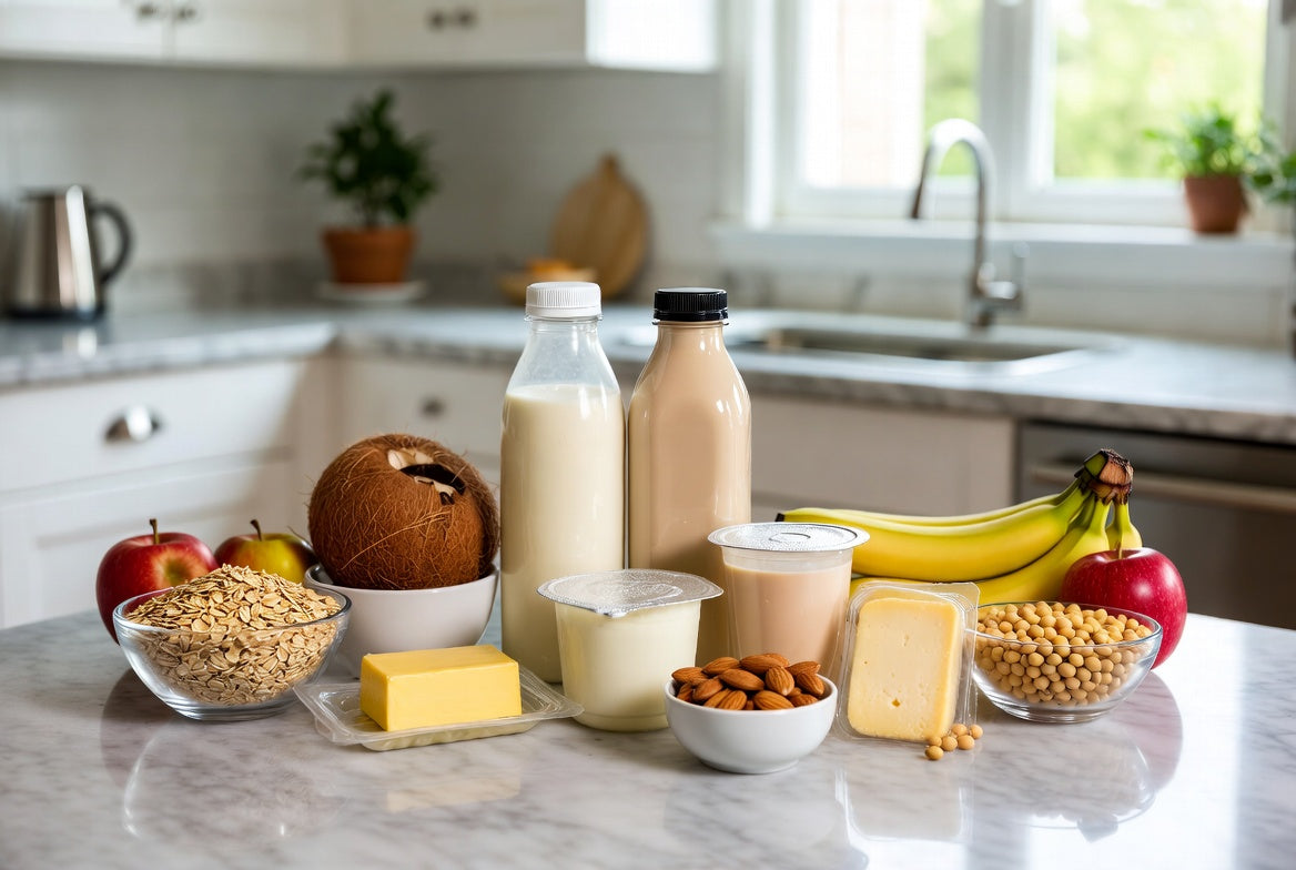 Dairy-free vegan alternatives with plant milk, yogurt and soy foods