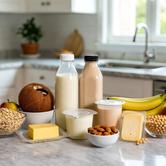 Dairy-free vegan alternatives with plant milk, yogurt and soy foods