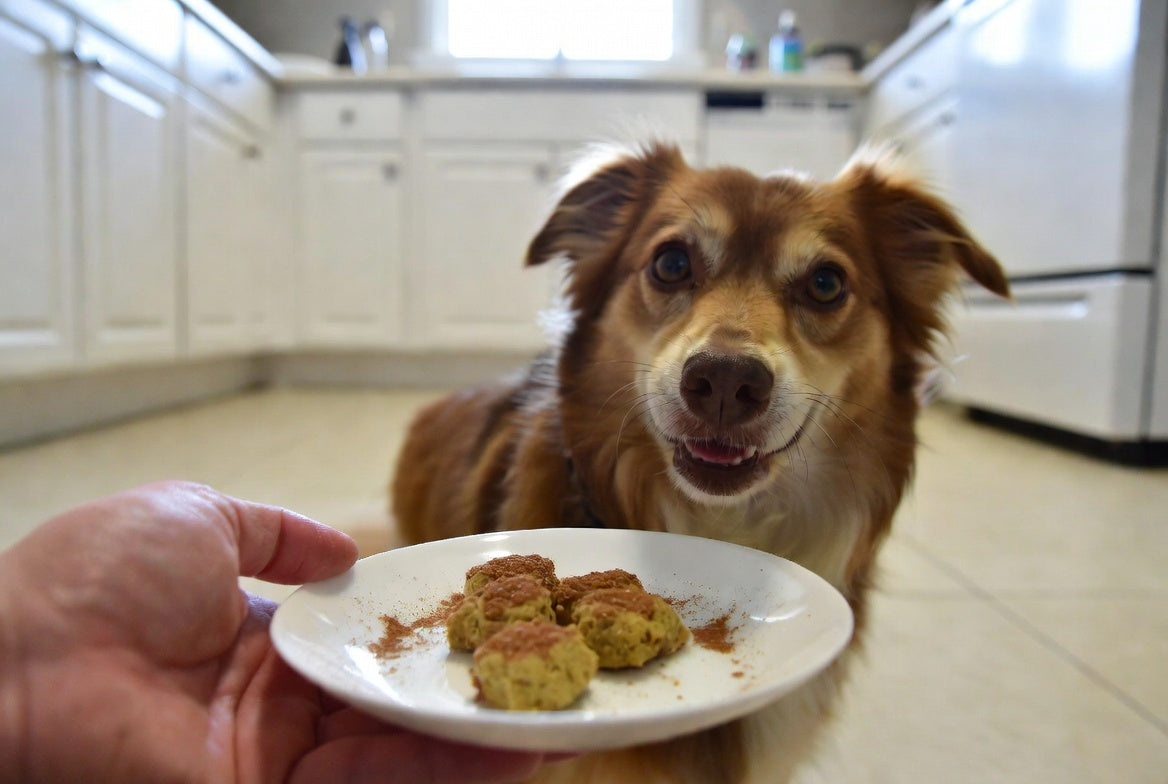 Dog waiting near treats sprinkled with cinnamon on a plate