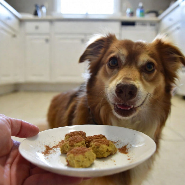 Dog waiting near treats sprinkled with cinnamon on a plate