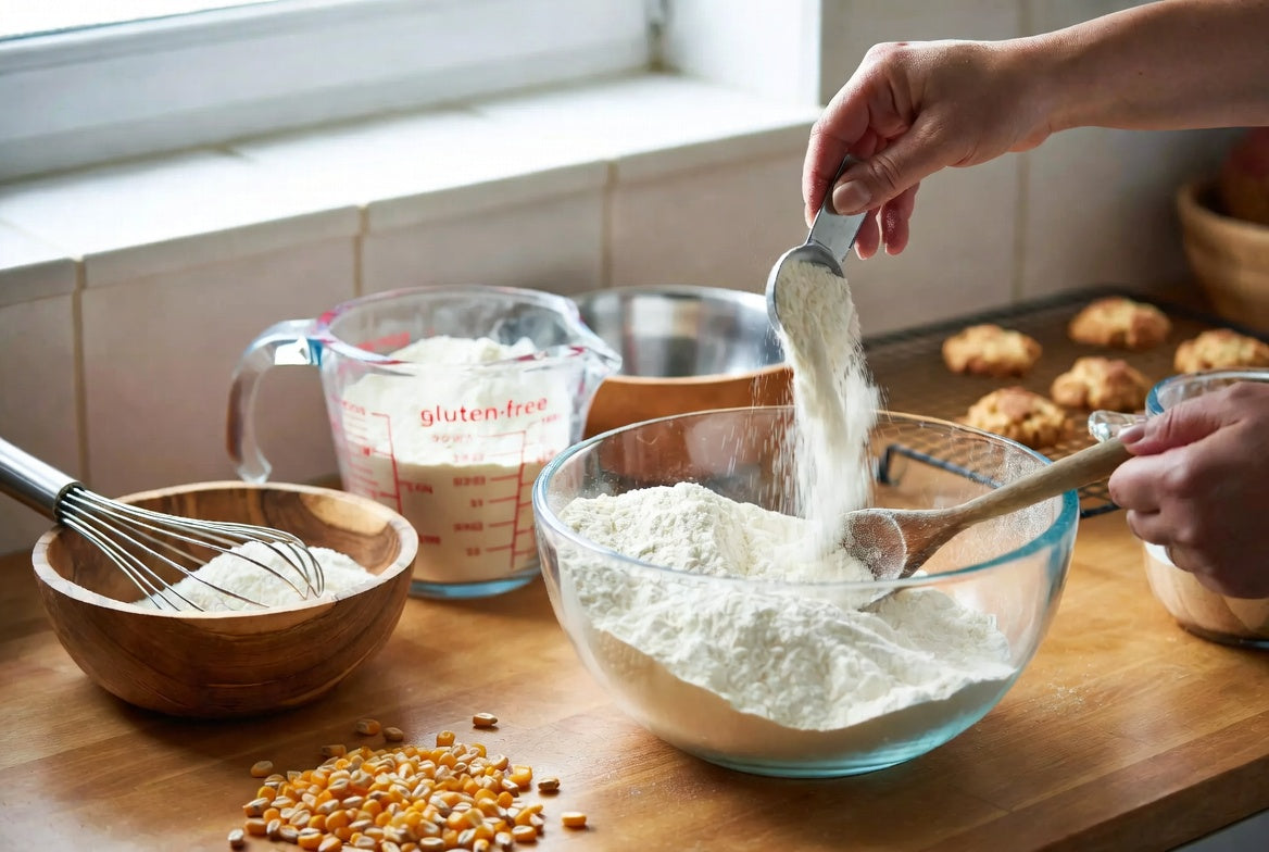 Cornstarch measured into a bowl for gluten-free baking in home kitchen