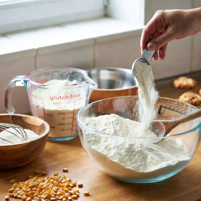 Cornstarch measured into a bowl for gluten-free baking in home kitchen