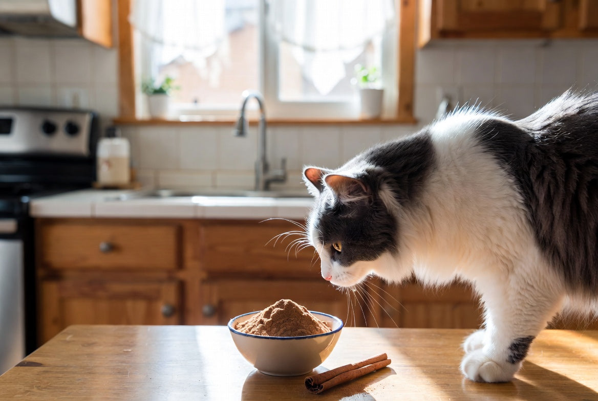 Cat sniffing a bowl of cinnamon powder on a kitchen table