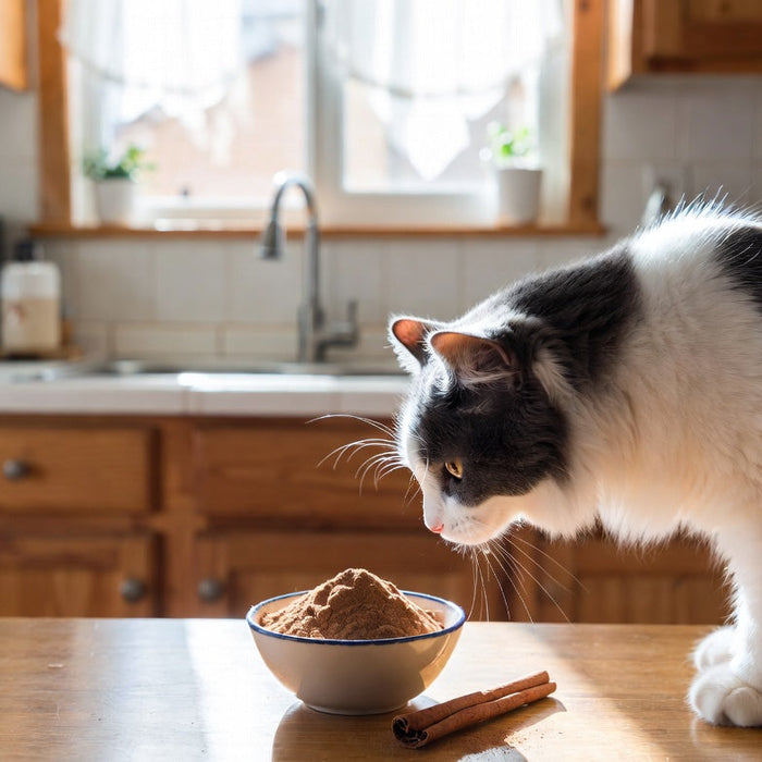 Cat sniffing a bowl of cinnamon powder on a kitchen table