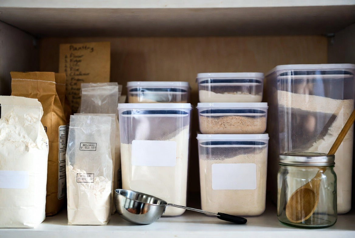 Pantry shelf with flour containers and baking supplies for storage