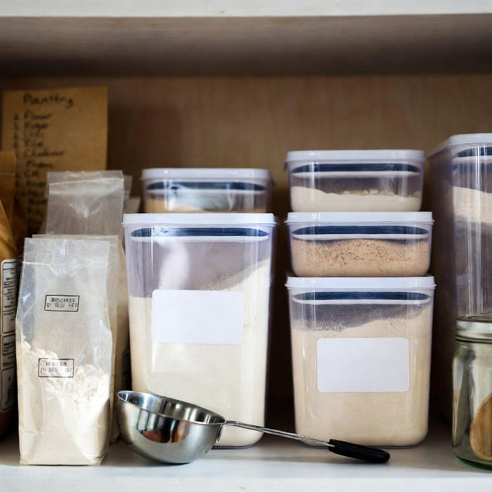 Pantry shelf with flour containers and baking supplies for storage