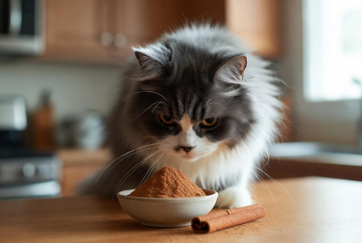 Cat sniffing ground cinnamon in a bowl on a kitchen table