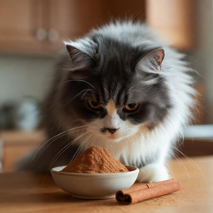 Cat sniffing ground cinnamon in a bowl on a kitchen table