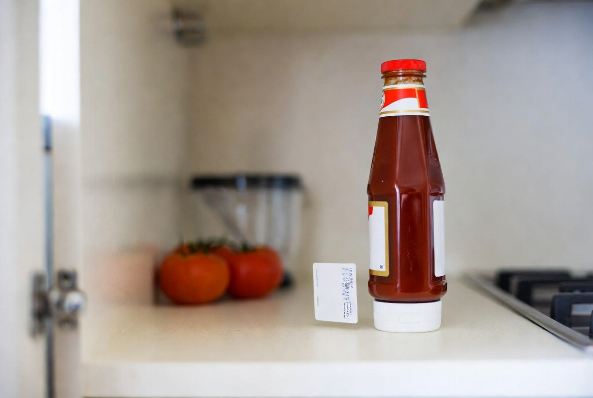 Ketchup bottle with date label on a bright kitchen counter