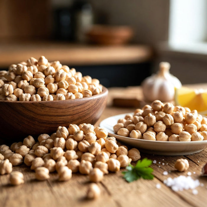 Bowl and plate of dried chickpeas with garlic and lemon on table