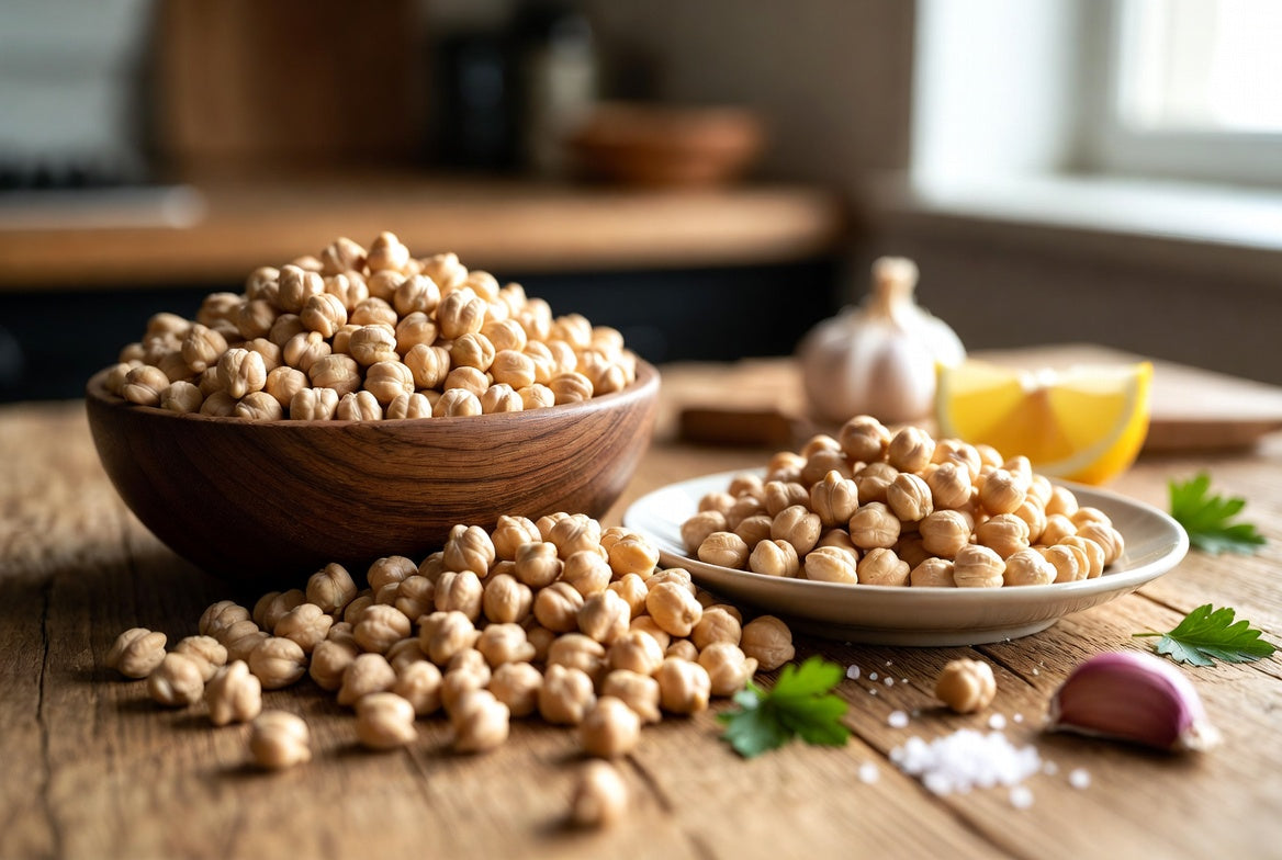 Bowl and plate of dried chickpeas with garlic and lemon on table