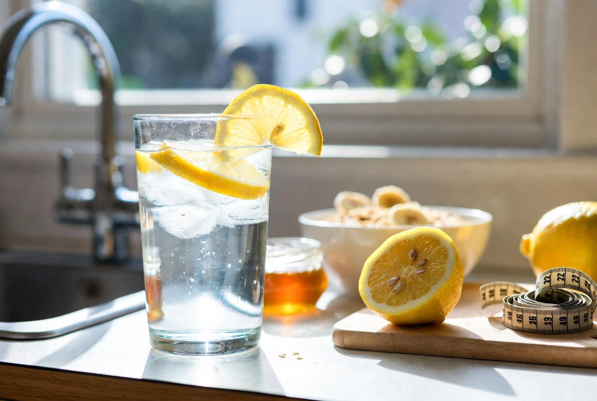 Glass of lemon water with fresh lemon and wellness items nearby