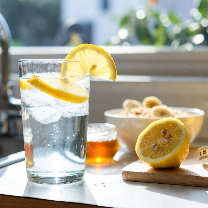 Glass of lemon water with fresh lemon and wellness items nearby