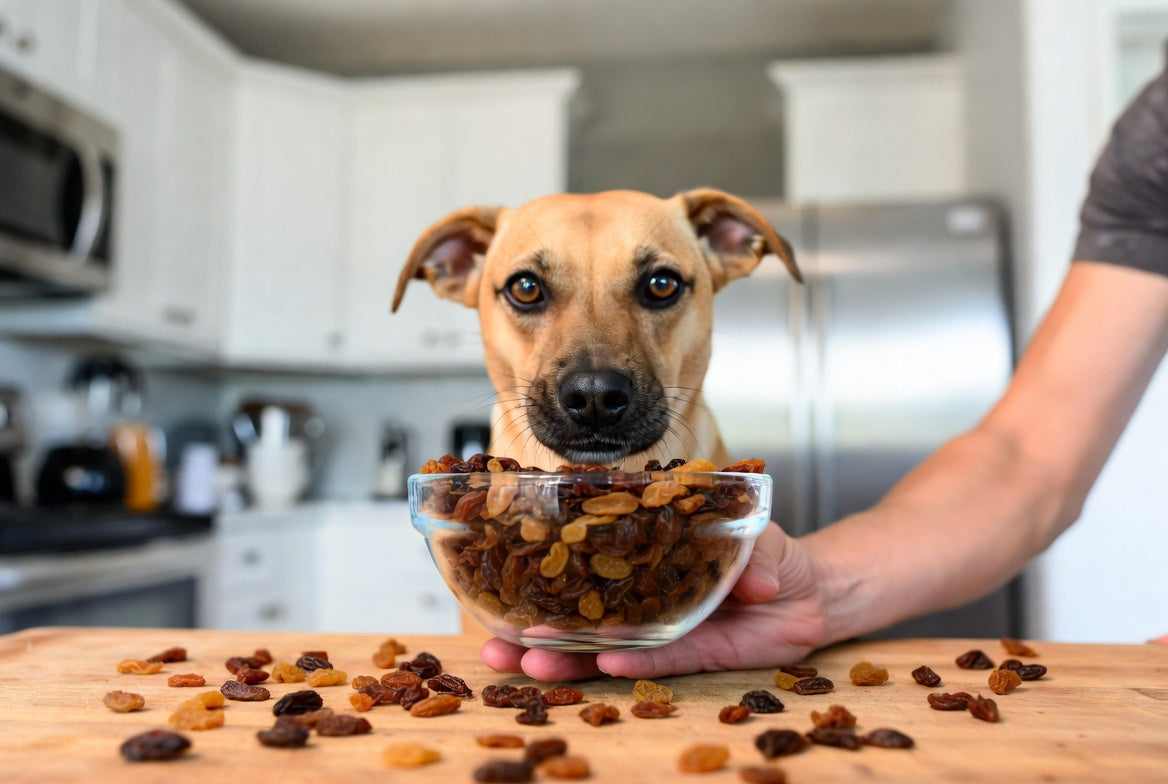 Dog near bowl of raisins on kitchen counter
