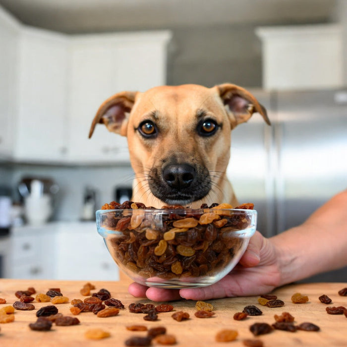 Dog near bowl of raisins on kitchen counter