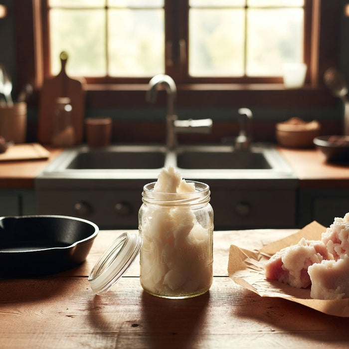 Jar of beef tallow beside skillet and raw fat on rustic table