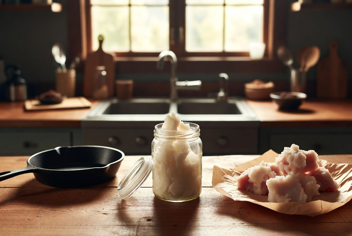 Jar of beef tallow beside skillet and raw fat on rustic table