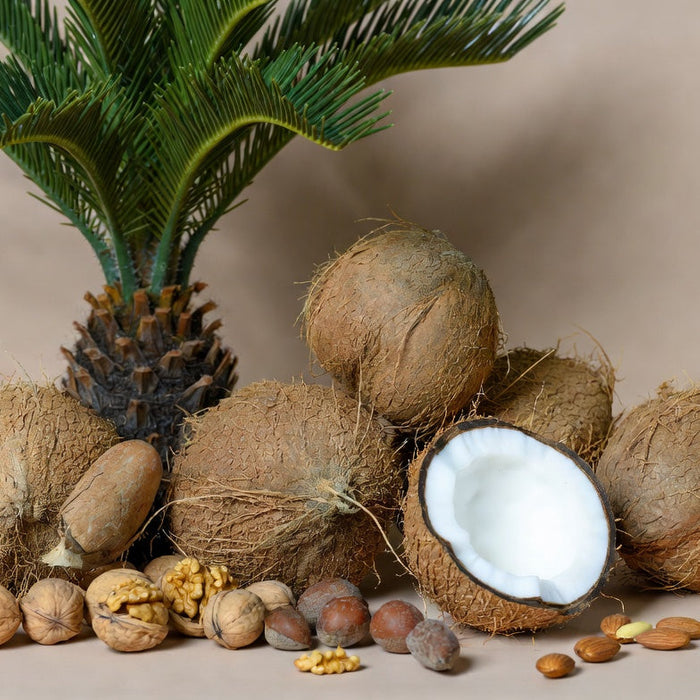 Coconuts with assorted nuts arranged beside a small palm plant