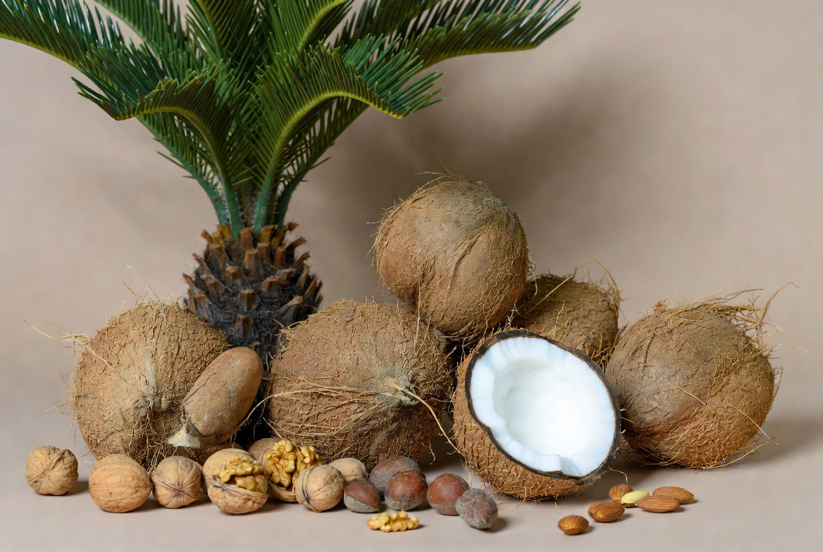 Coconuts with assorted nuts arranged beside a small palm plant