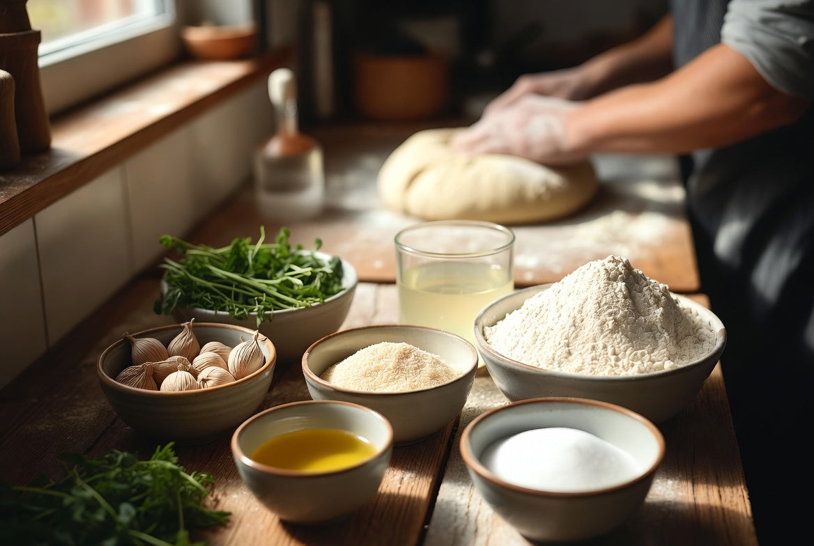 Cook kneads dough beside yeast, flour, oil, salt and herbs on a table.
