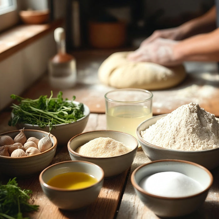 Cook kneads dough beside yeast, flour, oil, salt and herbs on a table.