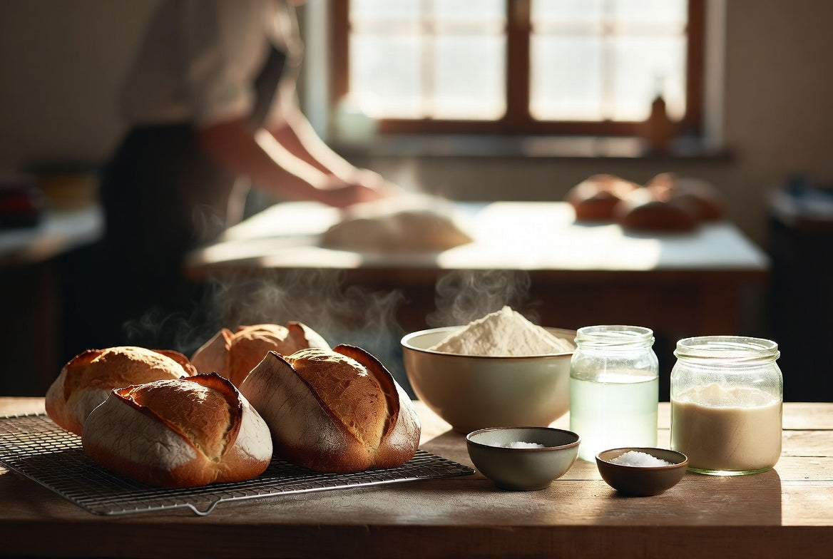 Fresh sourdough bread with flour, starter and salt on bakery table.