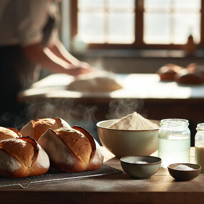 Fresh sourdough bread with flour, starter and salt on bakery table.