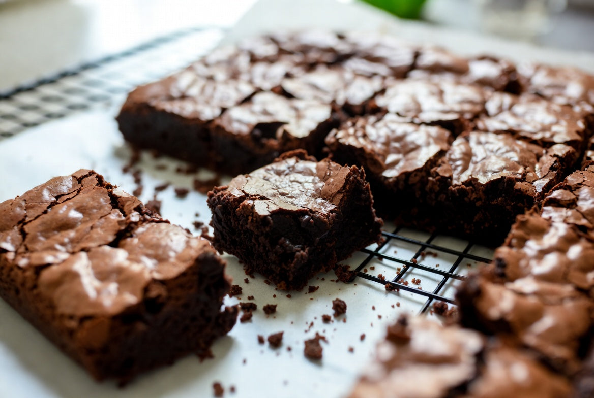 Fudgy chocolate brownies cooling on a rack with crisp crackly tops